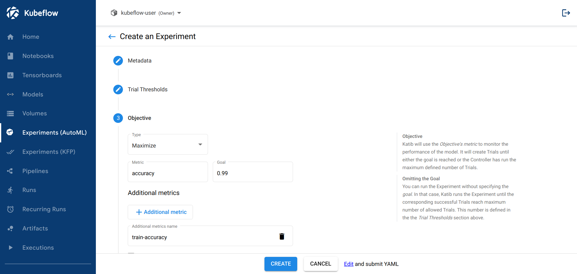 UI form to deploy a Katib experiment