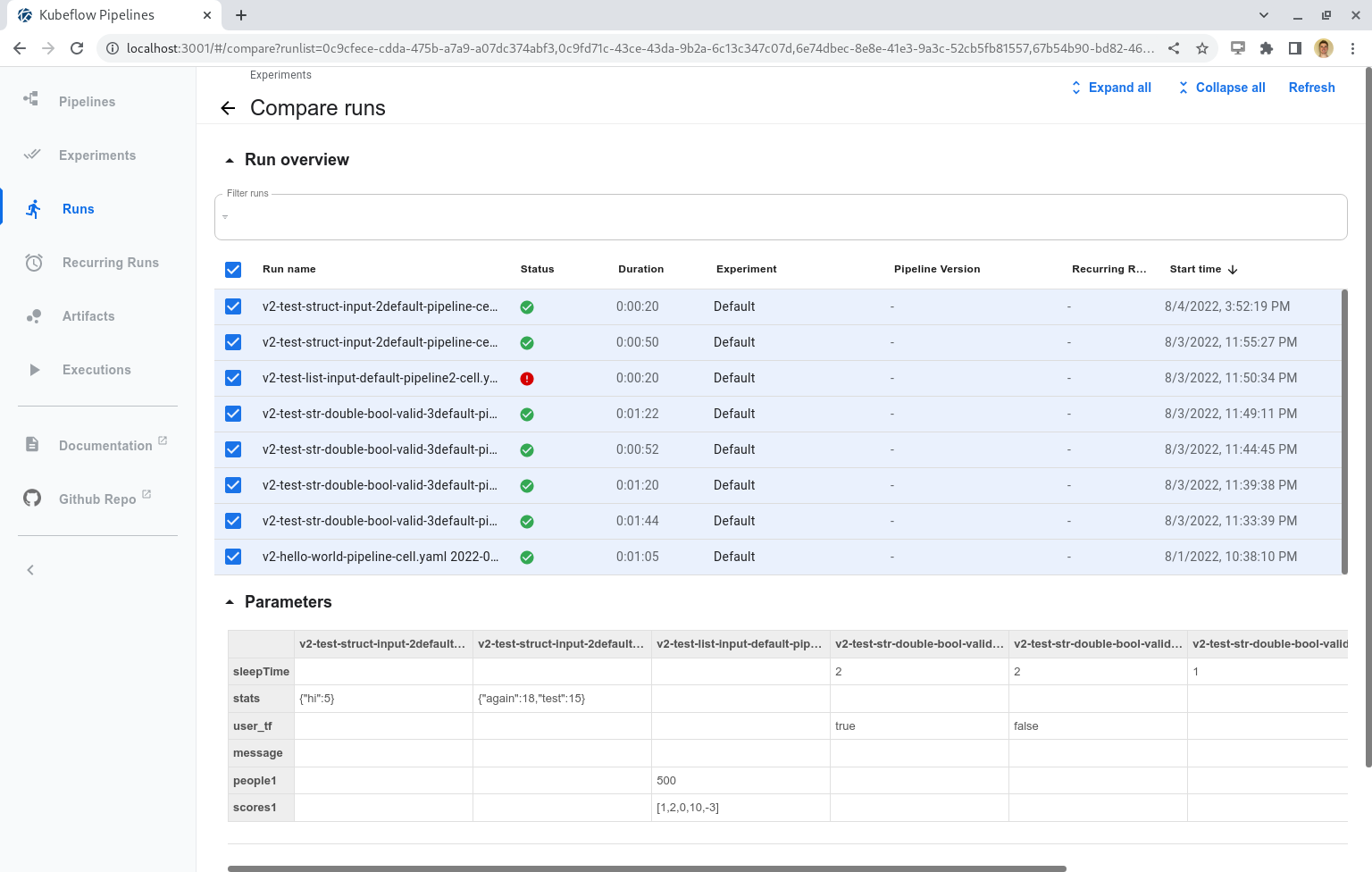 Run Parameters Compare Table